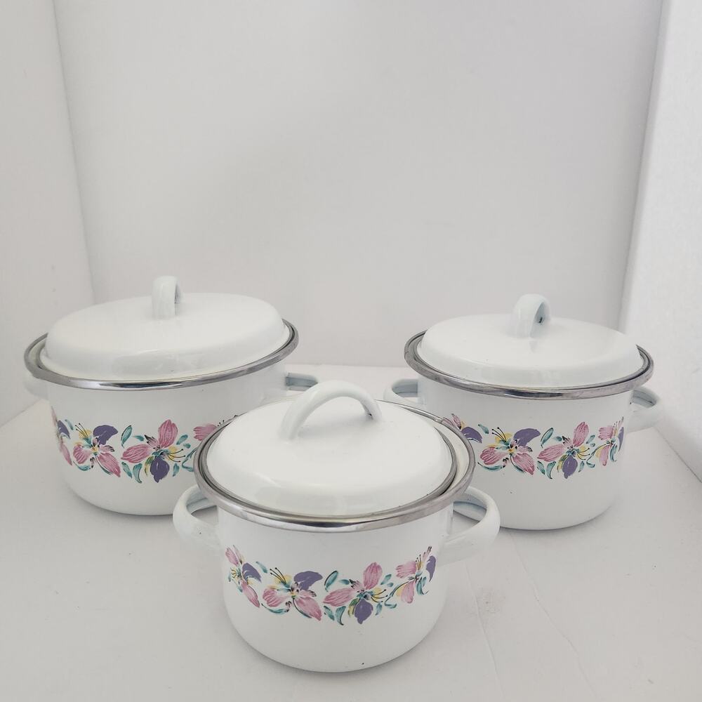3 vintage mini enameled porcelain and metal pot set Iris